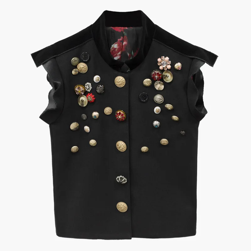 

New Spring Fashion Women's Exquisite Colored Button Decorated Velvet Neck Vest Coat Single-breasted Waistcoat Short Jackets