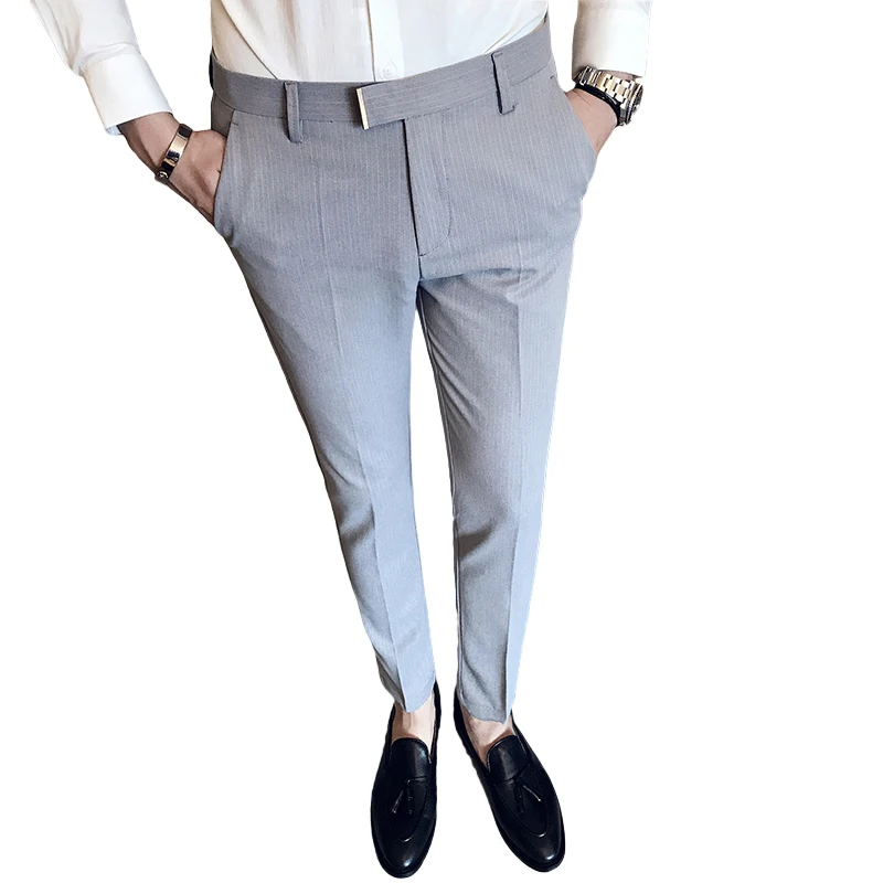 Модный бутик полосатый повседневный мужской деловой костюм брюки/мужские облегающие Черные Серые повседневные брюки