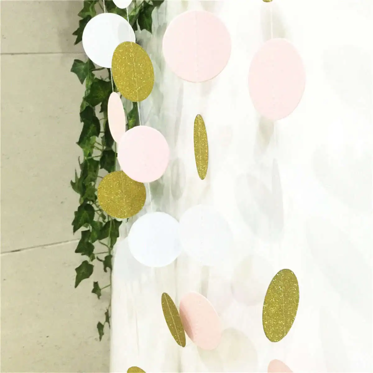 JX-LCLYL 40 pieces Pink White & Gold Glitter Circle Polka Dots Paper Garland Banner 10FT New Decor