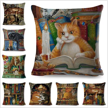 Funda de cojín con estampado de gato para sofá, funda de almohada cuadrada de lino con estampado de animales de dibujos animados para decoración del hogar