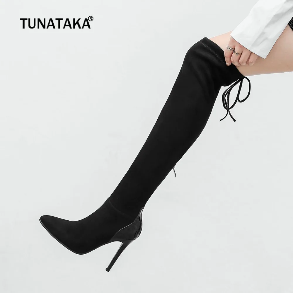 

Fashion Thigh Boots Women Flock Leather Zipper Over the Knee Boots Thin High Heels Pointed Toe Winter Ladies Shoes 2018 New