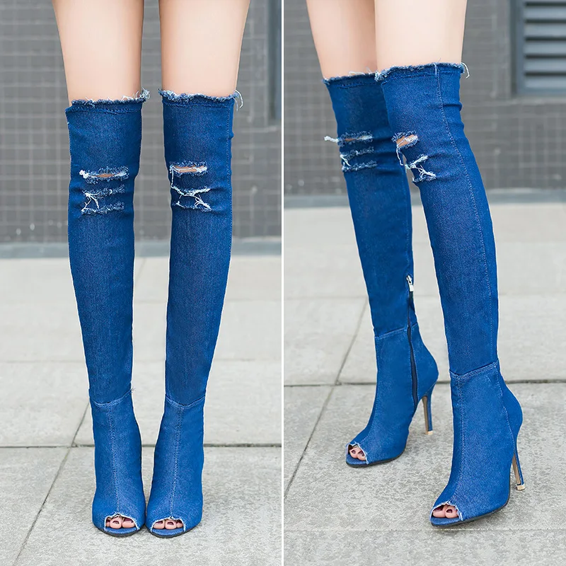 

SWYIVY 2019 New Autumn Women Over The Knee Boots Stretch Denim Peep Toe Ladies Thin High Heel Boots Women Fashion Booties 41