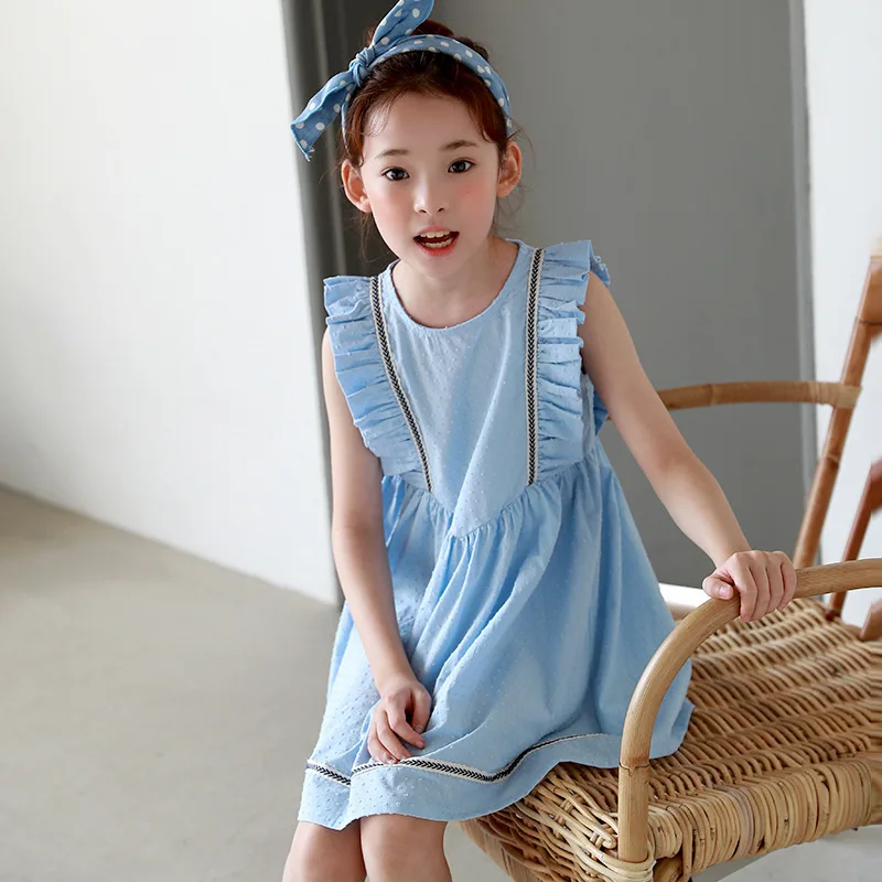 

Girls Cotton Sleeveless Summer Dress 2018 Baby Blue Big Children Dress Summer Holiday Beach Kids Clothes 110-160