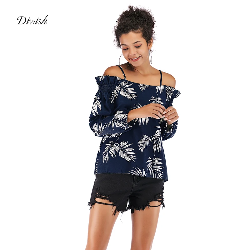 

Diwish Off Shoulder Spaghetti Chiffon Blouse Ruffle Tops Lantern Sleeve Slash Neck Women Tank Tops Shirt Pull Over Upper Clothes