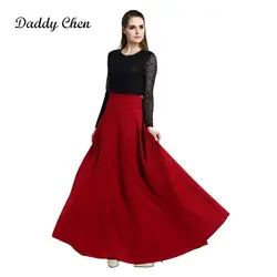 Новая мода Элегантные зимние юбки женские 2017 Высокая талия Черный Красный Длинный плиссированный женский корейский макси юбка для женщин