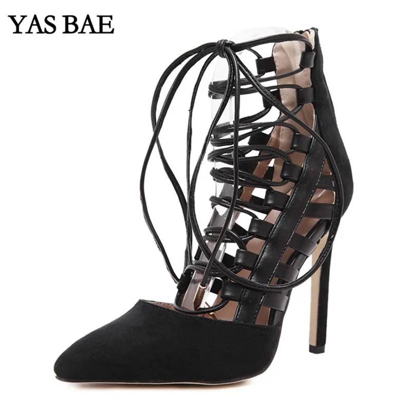 

Yas Bae Female High Fashion Ankle Sandals Chunky Block Medium Heel Pointed suede straps Pointed Toe femme Sexy Ladie Shoe Women