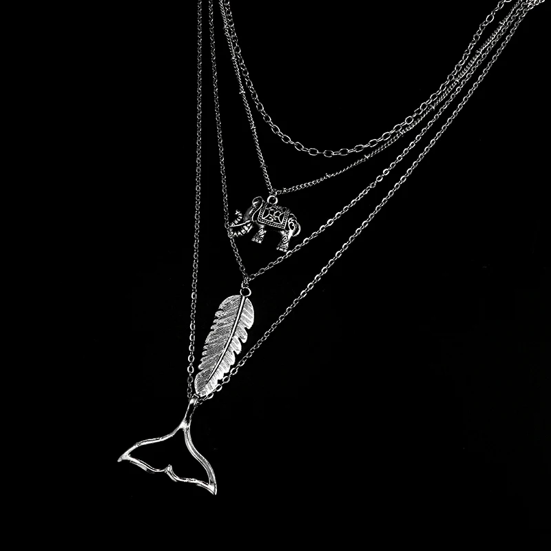 Tocona богемный старинный серебряный слон лист кулон в виде хвоста Кита Чокеры ожерелье s многослойное ожерелье воротник для женщин 5045