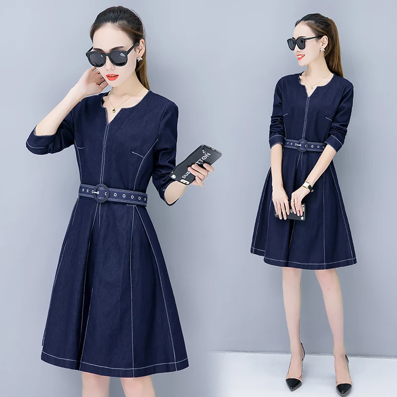 

spring and autumn new women's V-neck Europe and the United States fashion was thin Slim long-sleeved A-shaped denim dress