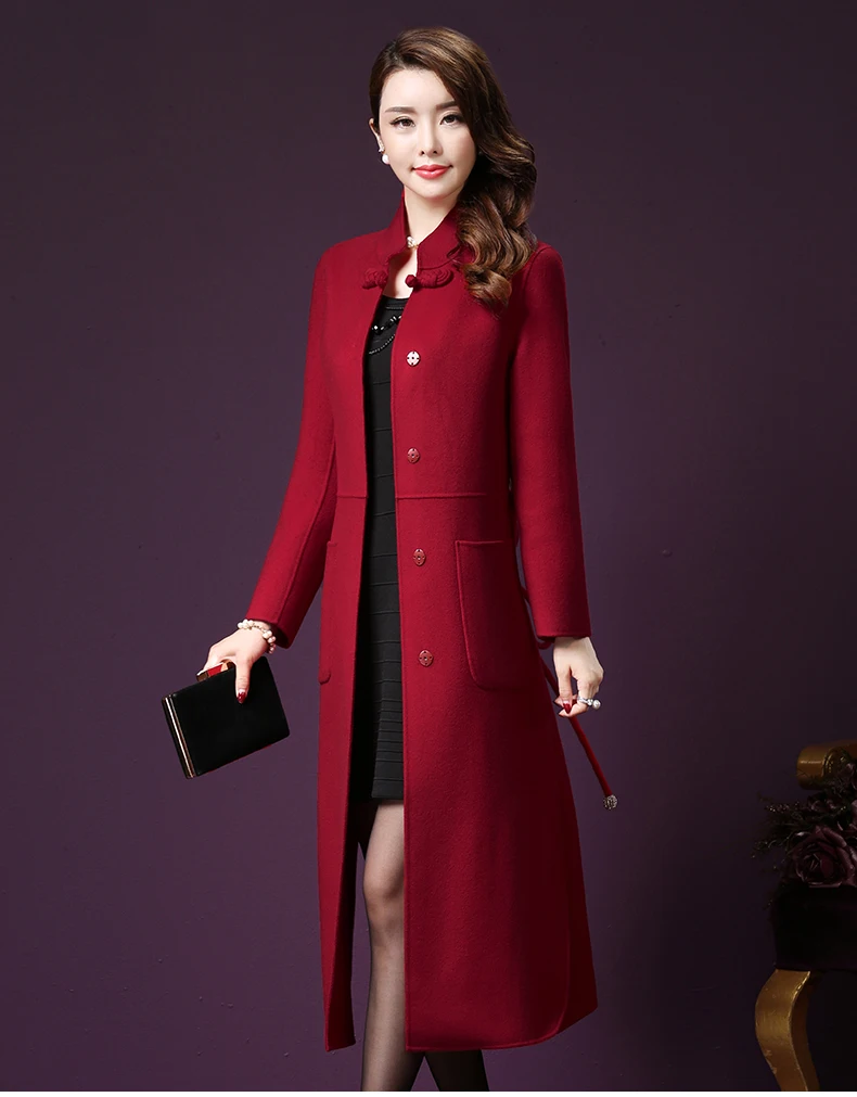 Осенне-зимнее женское винтажное шерстяное пальто, длинное удобное шерстяное пальто, одноцветное шерстяное пальто с воротником-стойкой, HAH012