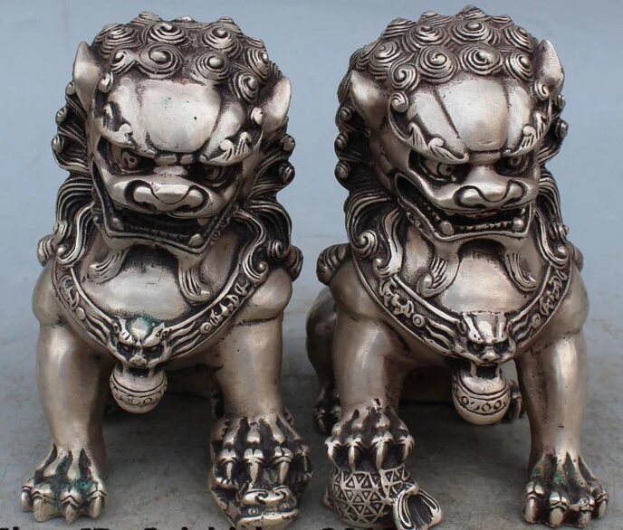 

6" Chinese Feng Shui Silver Foo Fu Dog Guardion Lion Lions Ball Son Statue Pair R0707