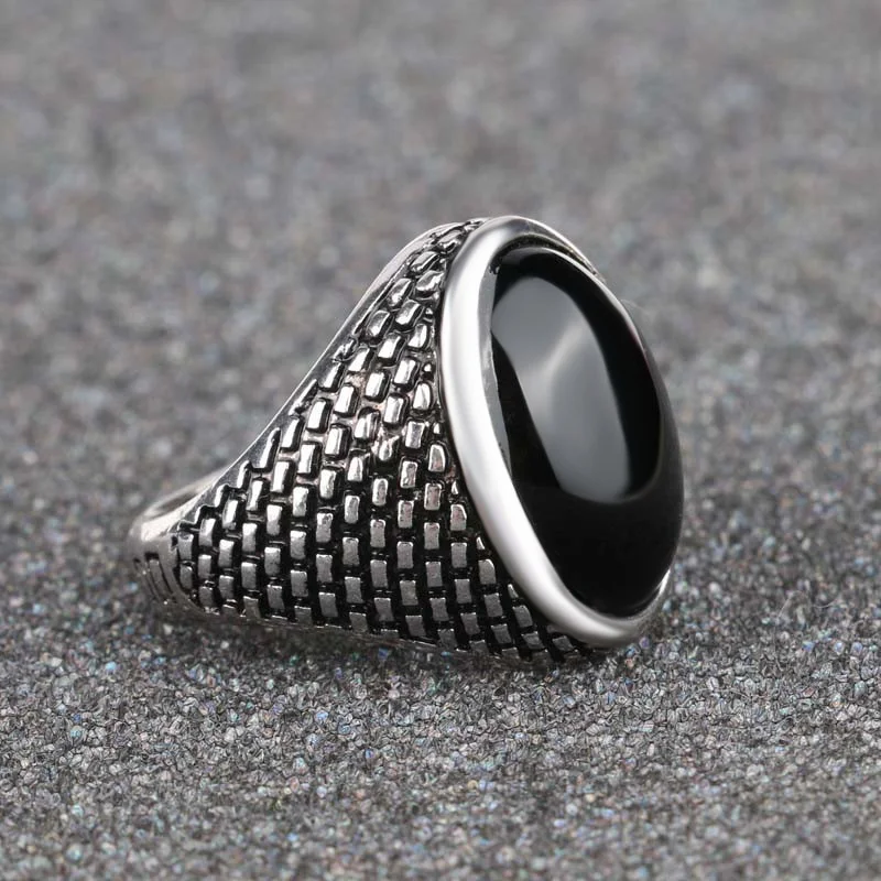 Kinel Luxury Vintage Men's Rings Punk Black Ring Silver Color Oval AAA Resin Turkey Jewelry 2017 New