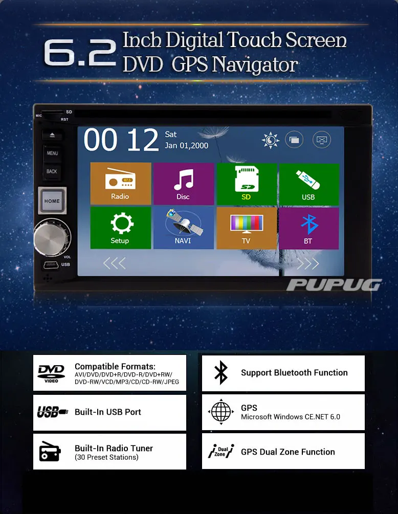 Perfect FM AM RDS 6.2 Inch Touch Screen Autoradio Auto MP3 GPS Map Car DVD BT 3D SD USB HeadUnit PC Sub EQ Stereo Radio 4