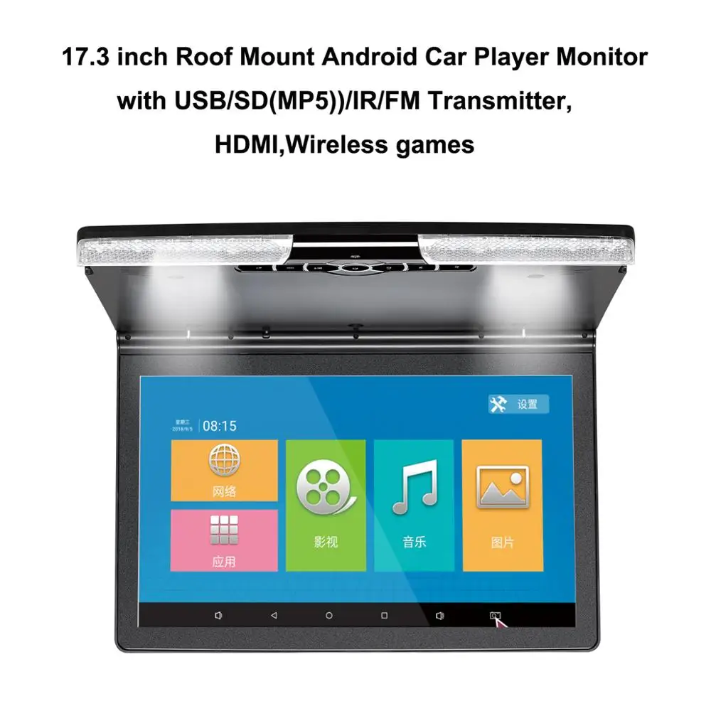 Автомобильный hd-плеер Android с креплением на крышу 17,3 дюйма с USB/SD(MP5)/IR/FM передатчиком, HDMI, беспроводными играми