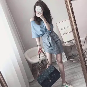 

New Style 2 Piece Set Women Pullover Slash Neck Half Sleeves Tops Plaid Skirts With Bow Sweet Two Piece Set Fashion 2 Set Woman
