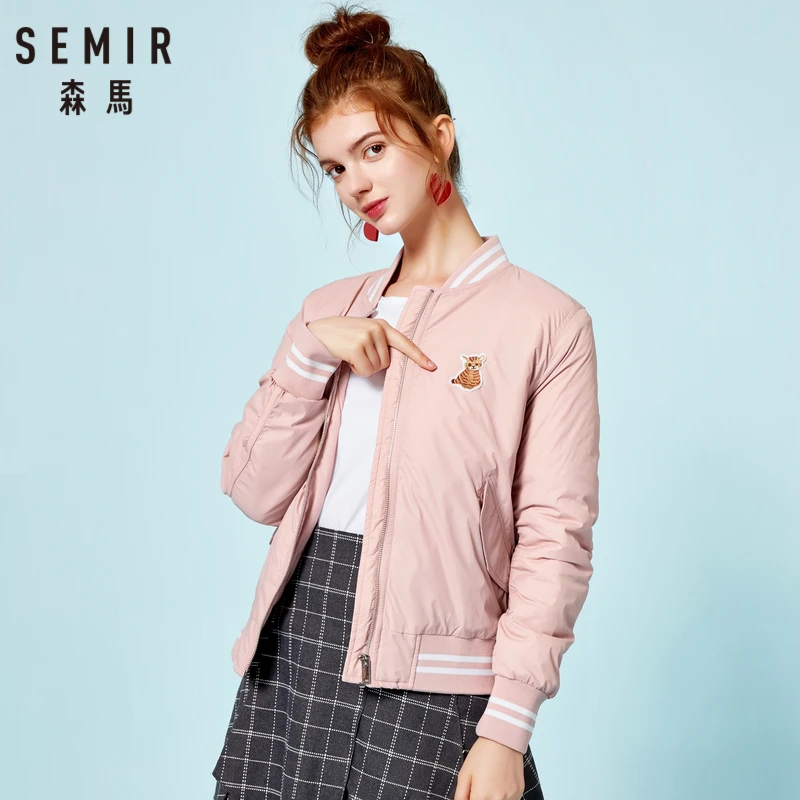 Billig SEMIR Frauen Bestickte Baseball Jacke mit Full Zip Drapierte Hülse Sport Jacke mit Tasche Kontrast Trimed Gerippten Bündchen und saum