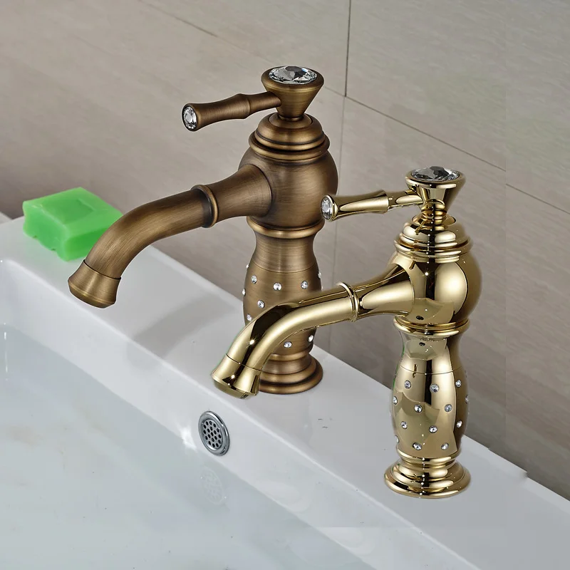 Antique Brass and Golden Bathroom Washing Basin Faucet Single Handle Brass Short Vanity Sink Mixer Taps