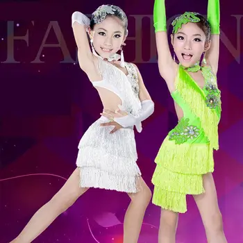 

Children Professional Latin Dance Dress For Girls Ballroom Dancing Dresses For Kids Sequin Flower Fringe Salsa Tassel Costumes