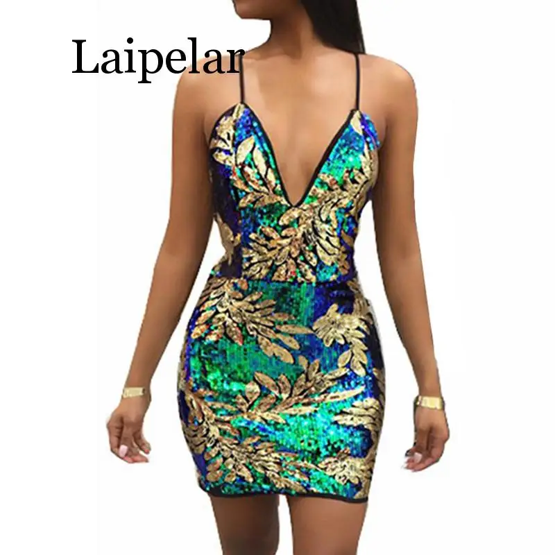 

Laipelar Sexy Gold Green Sequins Dress 2019 Women V Neck Sleeveless Party Dress Luxury Backless Sequined Dress Sundress