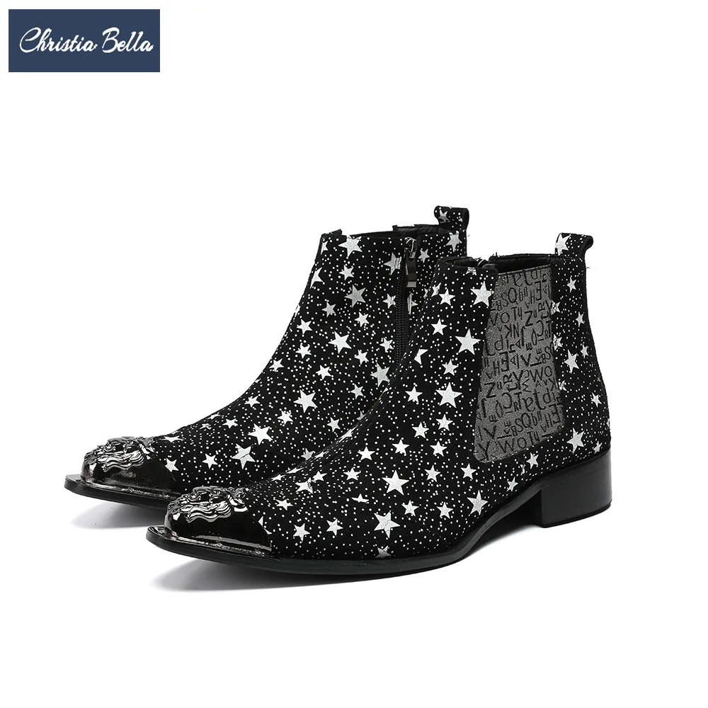 

Christia Bella Fashion Star Printing Men Chelsea Boots Winter Suede Leather Men Ankle Boots Pointed Toe Dress Shoes Plus Size