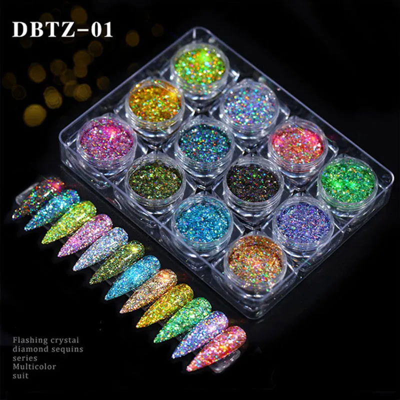 

12pc/box Magic Sun Light UV Sensitive Changing Color Irregular Flakes Chameleon Glitter Powder Manicure Nail Art Gel Decoration
