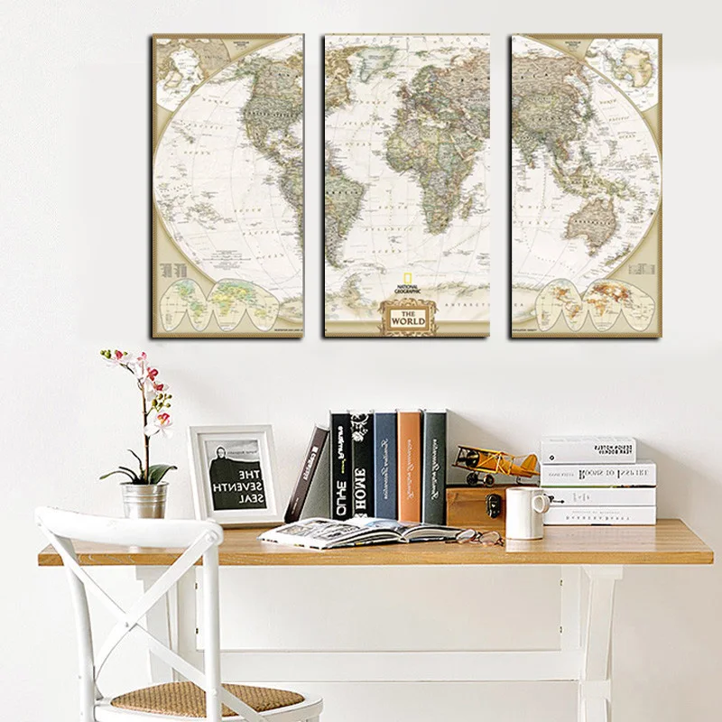 Large Size Print 3 Panel Modular Wall Paintings World Map Painting on Canvas Art Wall Vintage Cuadros Picture For Living Room