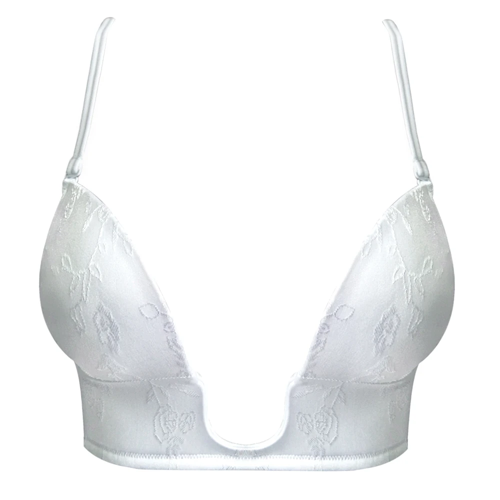  YANDW White Push up Bra sexy plunge Deep Gather Simple transparent Straps Floral Silicone women bra