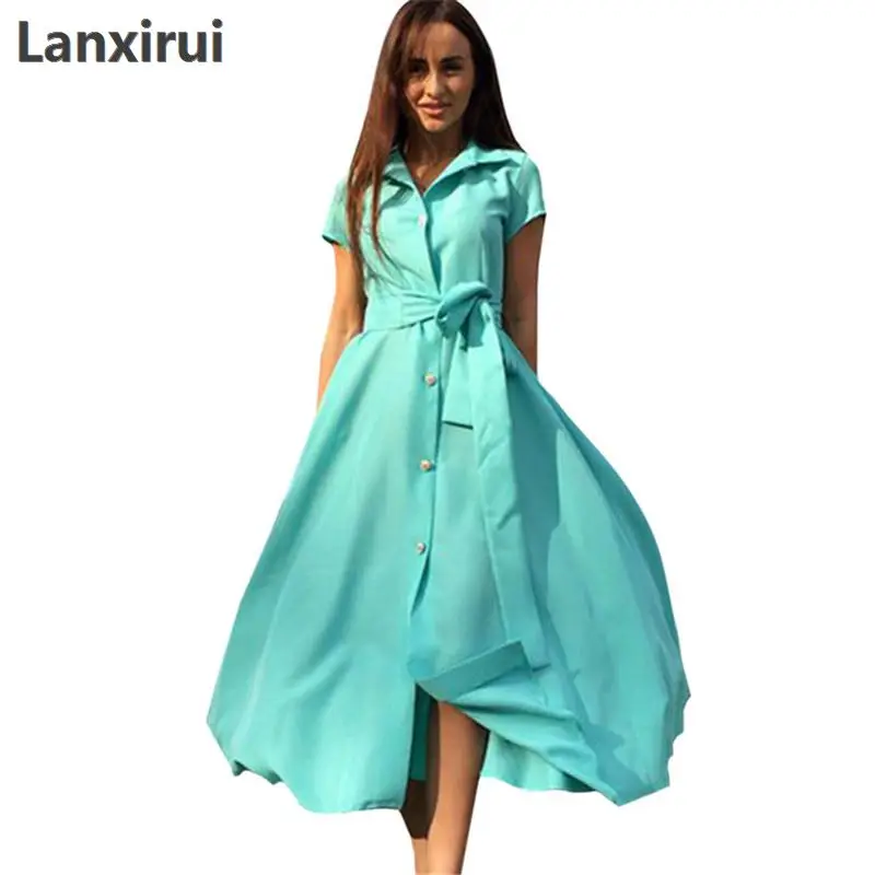 

Summer Beach Dress Women Short Sleeve Tunic Party Long Dress Sexy Solid Shirt Dress Plus Size Belted Office Robe Femme Ete 2018