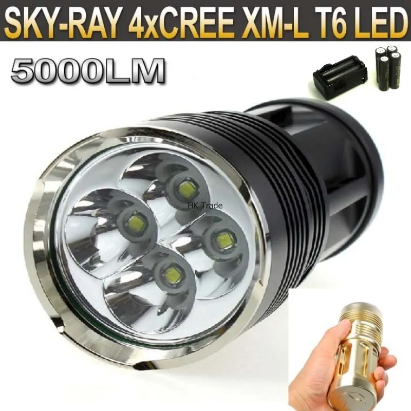

5000LM 4xT6 4xCree XM-L T6 3-Mode LED Flashlight Torch Lamp SKY RAY KING 4T6 LED Flashlight+4pcs 4000mAh battery+charger