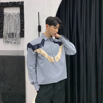 

New Men Tassel Pullover Casual Long Sleeve Shirts Male Vintage Fashion Dress Shirt Stage Show Costumes