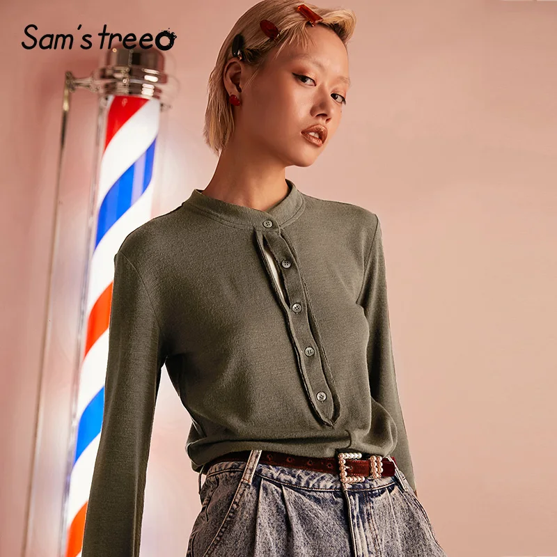 

Samstree Vintage Hollow Out Women T-shirt ,2019 Autumn Fashion Full Sleeve Deep Gray Female Tops Casual Office Lady Clothing