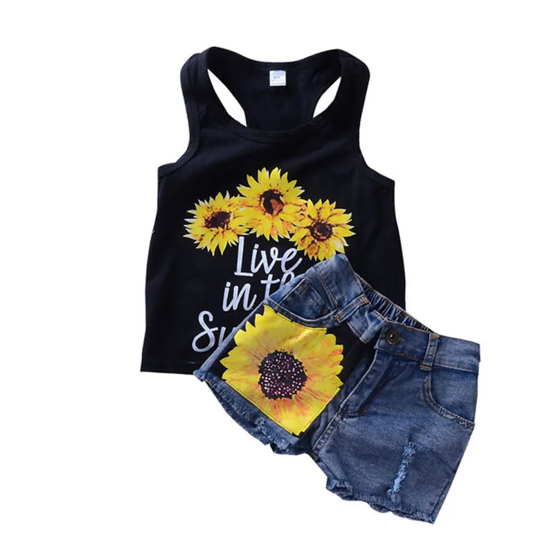 

Girls Clothing Sets 2019 Summer Print Vest Denim Shorts Two-piece Sleeveless Children Sets Casual Fashion Girls Clothes Suit