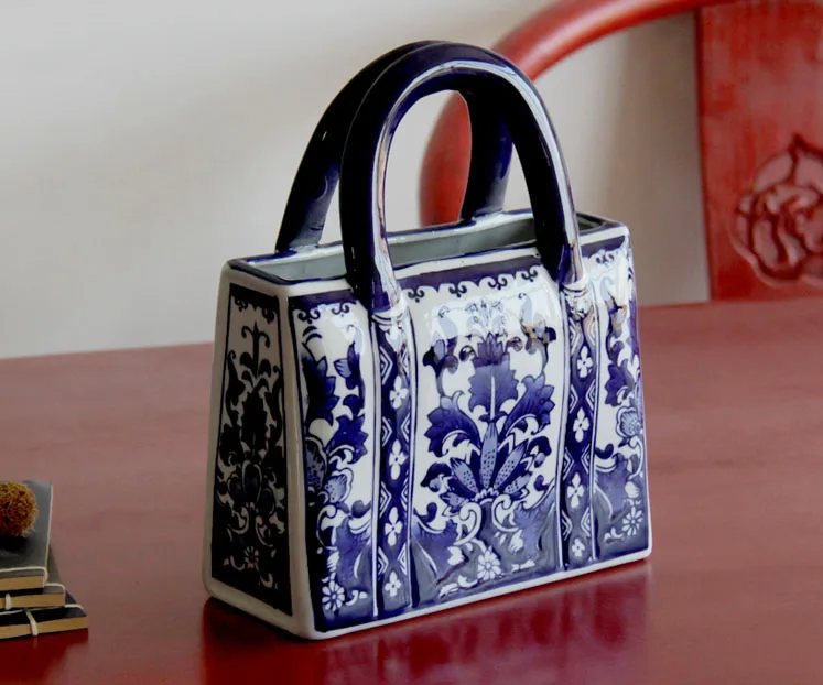 Китайский стиль, синяя и белая керамическая ваза в форме сумочки, фарфоровые вазы для украшения искусственных цветов, вазы