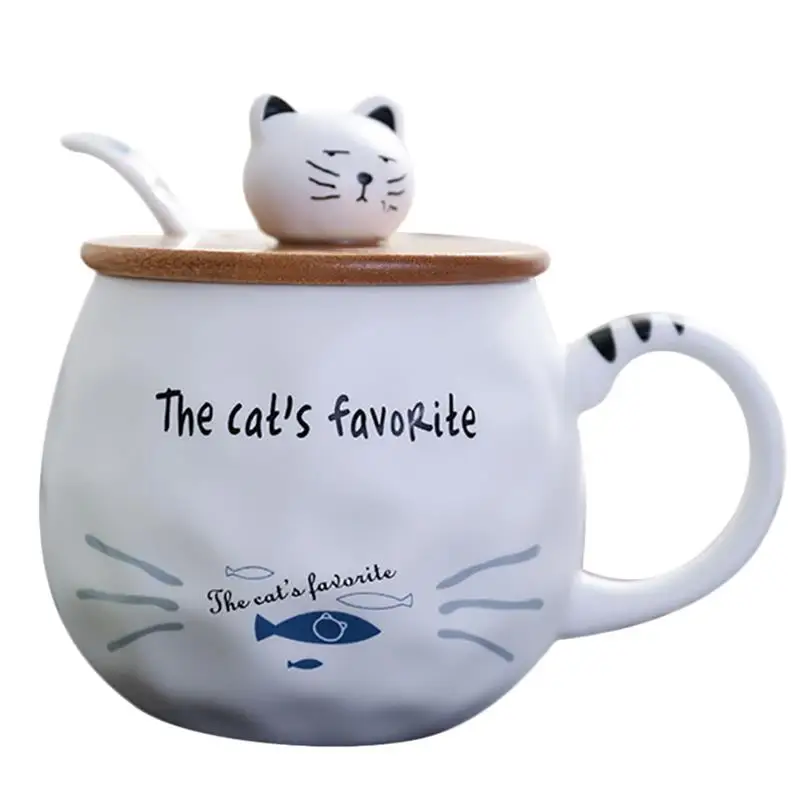 Креативная кофейная кружка с кошкой, чашка для воды с деревянной крышкой и ложкой, керамическая кружка с милыми животными и рыбками для чая, молока, мультяшная кофейная чашка 480 мл - Цвет: C