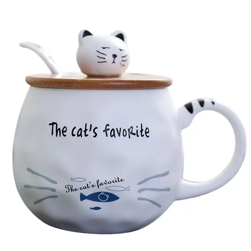 Creative Cat Coffee Mug Water Cup With Wood Lid and Spoon Lovely 