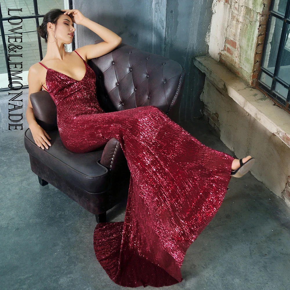 Love& Lemonade с глубоким v-образным вырезом красное вино с открытой спиной рыбий хвост тонкое эластичное длинное платье с блестками LM1326