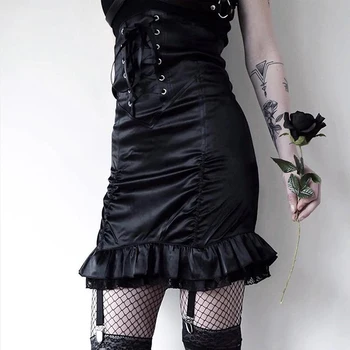 

Black High Waist Women Skirt Lace Patchwork Lace Up Female Autumn Skirt Sexy Mini Bodycon Bandage Skirt Ruffle