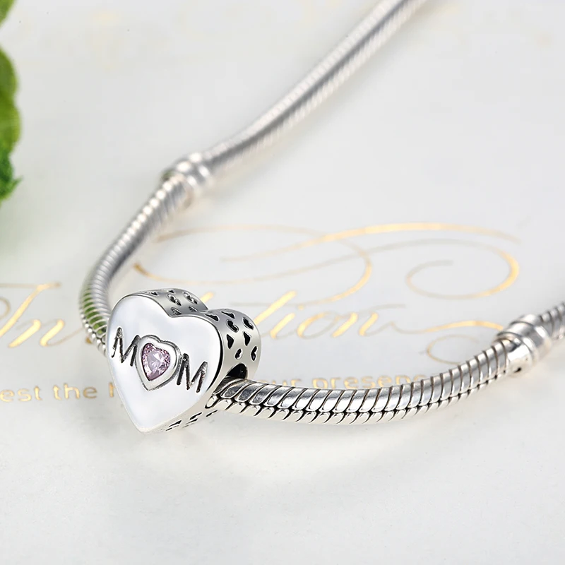 ELESHE 925 Sterling Silver MOTHER HEART Charms Fit Original Bracelet Necklace Jewelry Accessories With Pink Heart-Shaped Stone