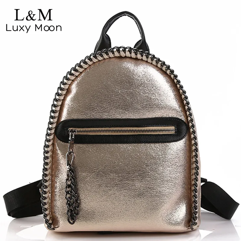 Women Backpack Glitter Teenage Girls Soft Sliver PU Leather Backpacks Students School Rucksack Chains Shiny Bag