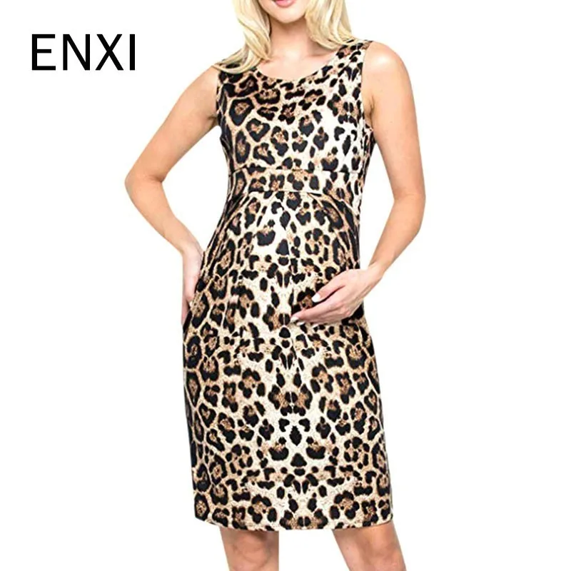 

ENXI Women's Dress Pregnancy Sleeveless Leopard Print Clothes For Pregnant Women Boat Neck Dress Casual Sundress