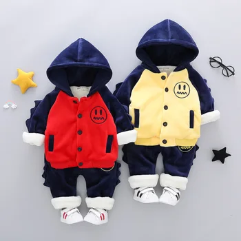 

Toddler Boys Clothing Set Gold Velvet Smiley Embroidery Thicken Child 2pcs Winter Suits for Boys Newborn Baby Kids Clothes Sets