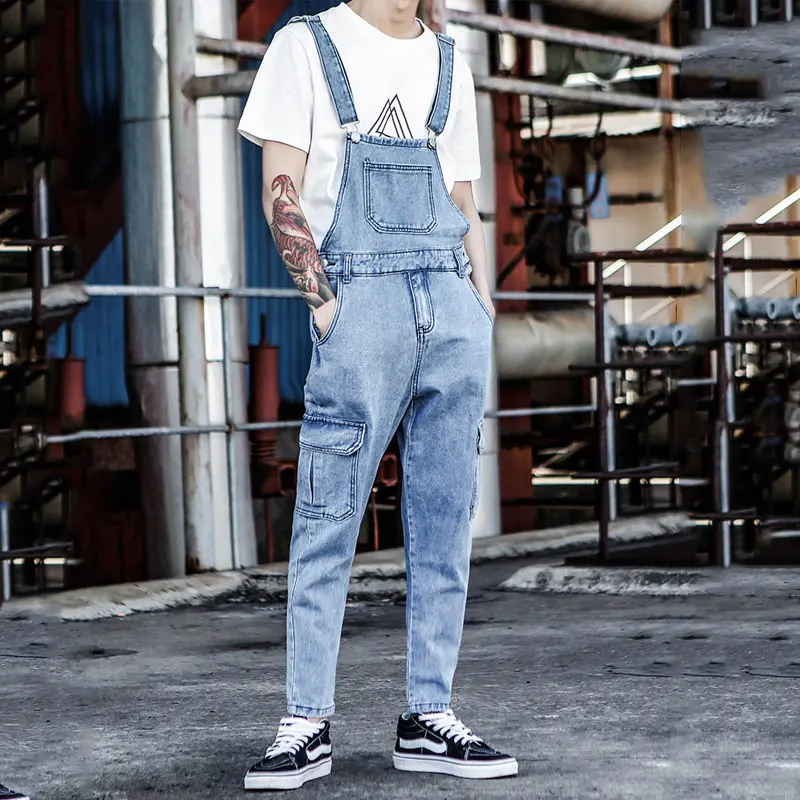 

2019 New Bib Male Korean version of the Slim feet Denim Jumpsuit Male Nine points Retro Light tooling Suspenders Size M-XXL