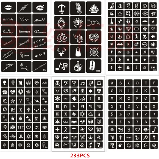 233 шт./компл. трафарет для аэрографа Resuable Henna трафареты для живописи тела Блестящий шаблон для татуировок наборы