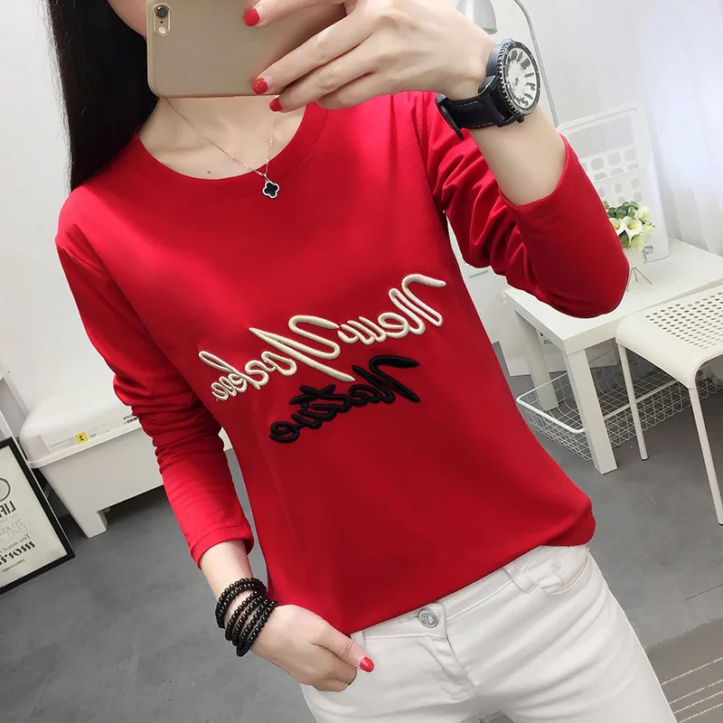 Осенняя женская футболка с мультяшной вышивкой, новинка, Модные Простые Топы с длинным рукавом, милые черные белые свободные женские футболки размера плюс - Цвет: Красный