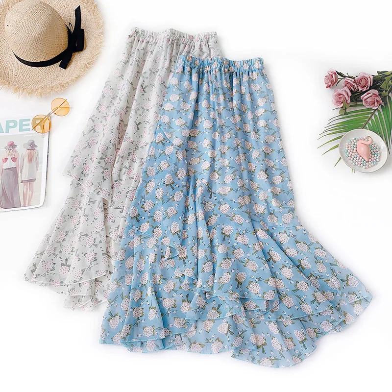 

Sherhure 2019 Flower Print High Waist Summer Women Chiffon Long Skirts Saia Women Irregular Boho Pink Skirt Faldas Jupe Femme