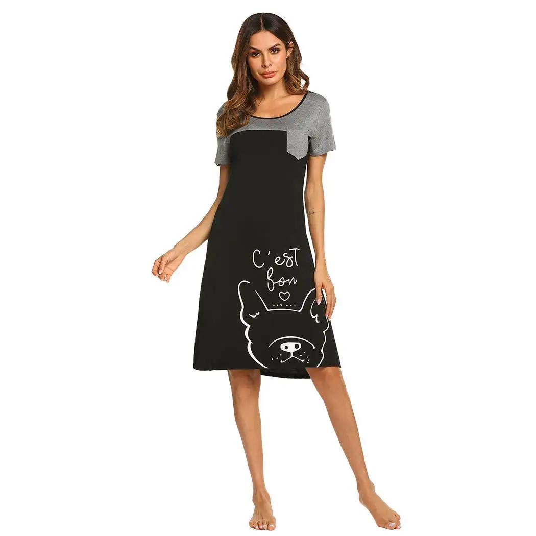 Ekouaer Для женщин Летняя Ночная рубашка пижамы О-образным вырезом короткий рукав рубашки пижамы по колено карман Ночные сорочки платье