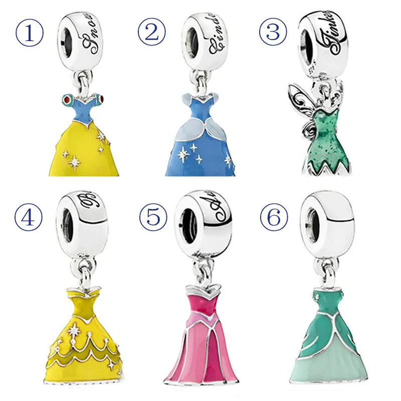 

Tinker Bell Belle Ariel Cinderella Elsa Snow White's Dress Pendant Charm Fit Pandora Bracelet 925 Sterling Silver Bead Jewelry