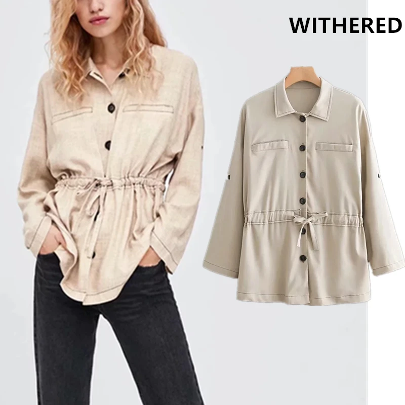 

Withered england style simple linen Open Line drawstring collect waist big pockets thin jacket casaco feminino jaqueta feminina