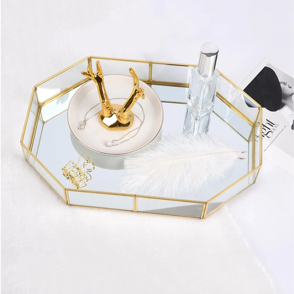 Nordic Style Glass Copper Geometry Storage Baskets Box Simplicity Style Home Organizer For Jewelry Necklace Dessert Plate