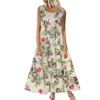 

Women Summer Dress Plus Size Bohe Style O-Neck Floral Printing Vintage Sleeveless Women Beach Dress Sexy Fashion Clothes #GM