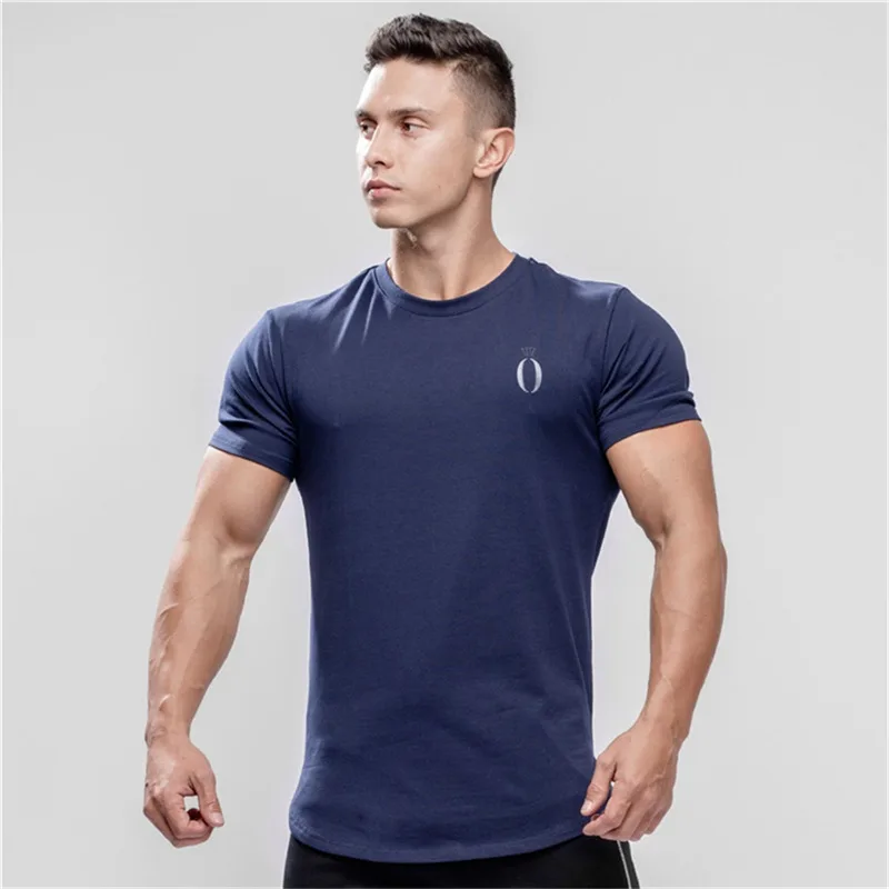Модная футболка с принтом, мужская хлопковая дышащая футболка с коротким рукавом для фитнеса, футболка для тренажерного зала, облегающая Повседневная летняя футболка - Цвет: navy blue